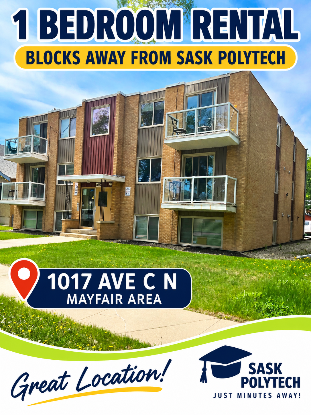 1 Bedroom Rental 2 blocks from Sask Polytech